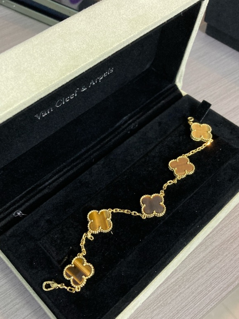 Authentic Van Cleef & Arpels Gold and Brown Alhambra Clover Bracelet